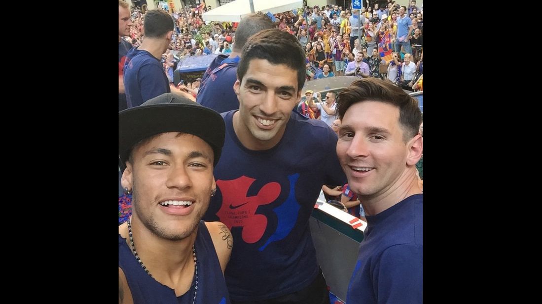 The three members of FC Barcelona's attacking "trident" -- from left, Neymar, Luis Suarez and Lionel Messi -- <a href="https://instagram.com/p/3o6z9vRtvo/" target="_blank" target="_blank">take a selfie</a> Sunday, June 7, while celebrating the soccer club's European title.