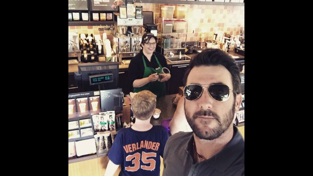 Baseball pitcher Justin Verlander takes a selfie with an unsuspecting young fan while standing in a Starbucks line on Friday, March 27. "Love having my fans support!!" <a href="https://instagram.com/p/0u8ifmMZC4/?taken-by=justinverlander" target="_blank" target="_blank">Verlander said on Instagram.</a> "This little guy was pretty surprised when he turned around."