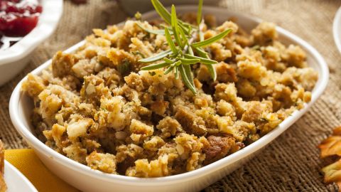 Traditional stuffing is a cornucopia of ingredients, and many of them pack in the calories. Bread stuffing often has sausage, nuts and fruit, and about 350 calories for a one-cup serving. Haas suggests using chicken or turkey sausage, which are lower in calories than pork or beef. 