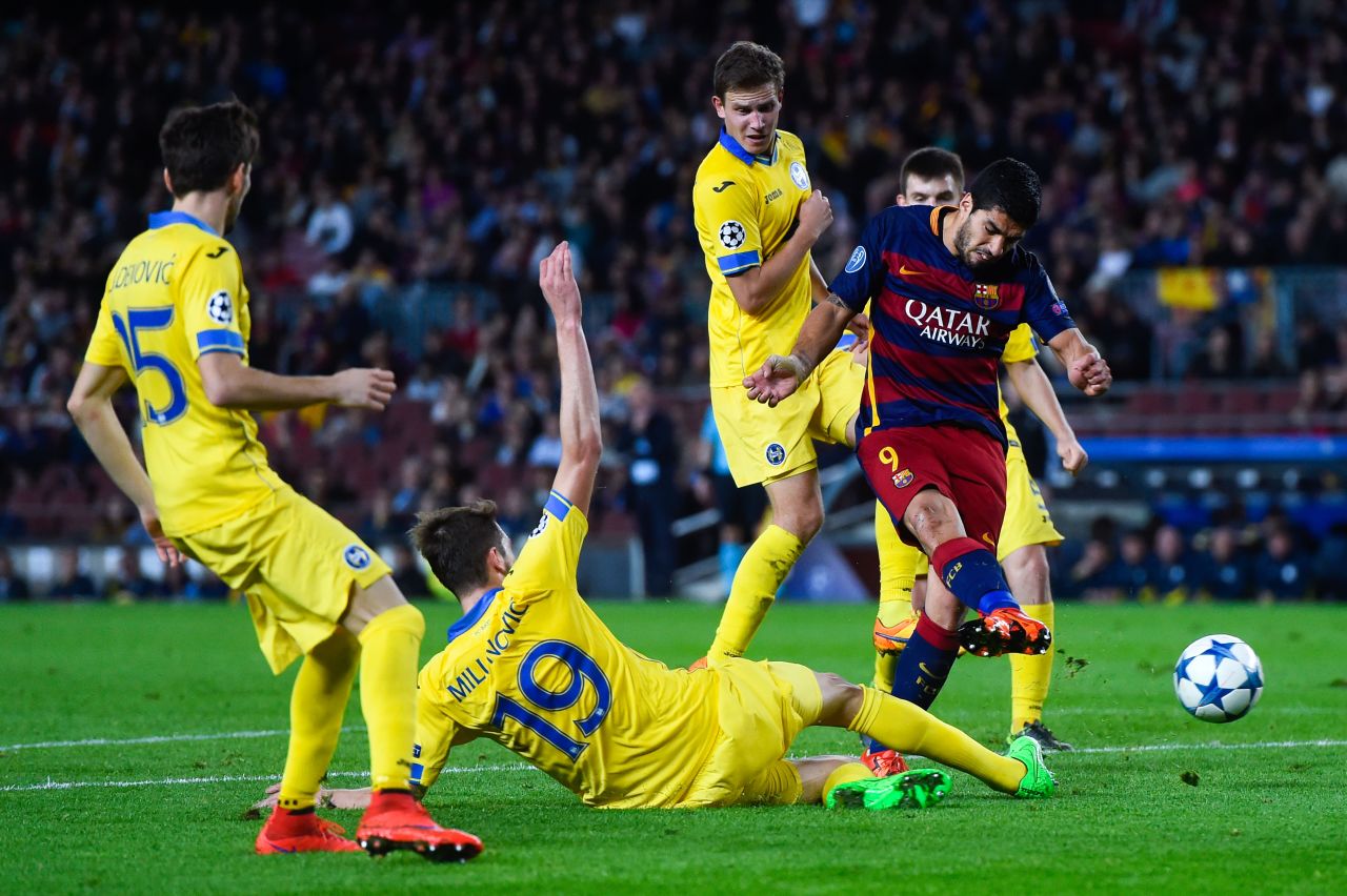 <strong>November 4, 2015:</strong> Luis Suarez slots home the second goal in a 3-0 win over BATE Borisov in the Champions League.