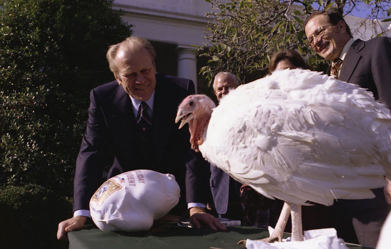 President Gerald R. Ford is presented with the National Thanksgiving Turkey in 1975. The turkey was presented by Marvin DeWitt of Zeeland, Michigan. According to the White House memo, it was the first time that the president, the turkey and the presenter were all from the same state.