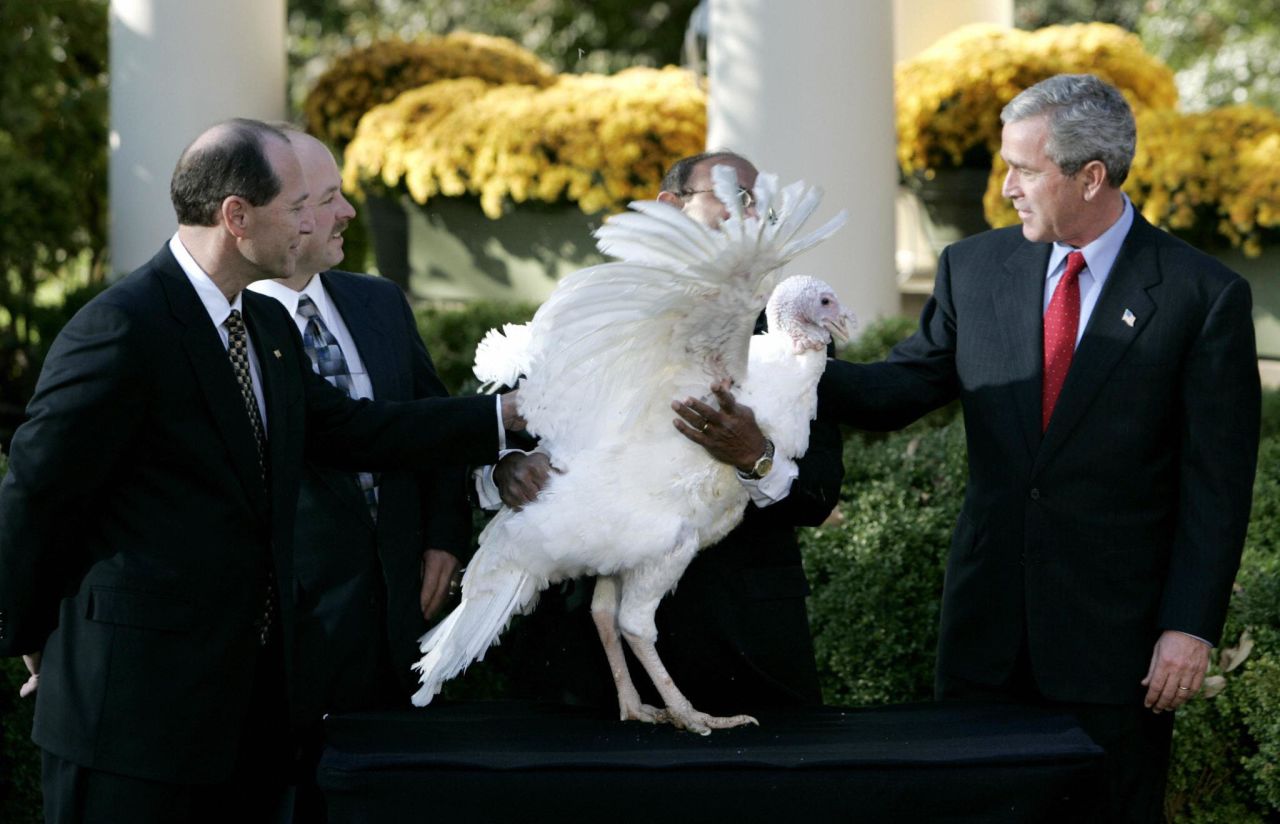 Bush pardons Biscuits in 2004. Biscuits and his alternate, Gravy, went on to a petting zoo in Virginia.