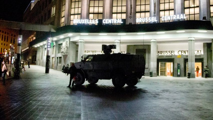 A Belgian Army vehicle is parked in front of the main train station in the center of Brussels on Saturday, Nov. 21, 2015. Belgium raised its security level to the highest degree on Saturday as the manhunt continues for extremist Salah Abdeslam who took part in the Paris attacks. The security alert shut metro's, shops, and cancelled events with high concentrations of people. (AP Photo/Virginia Mayo)