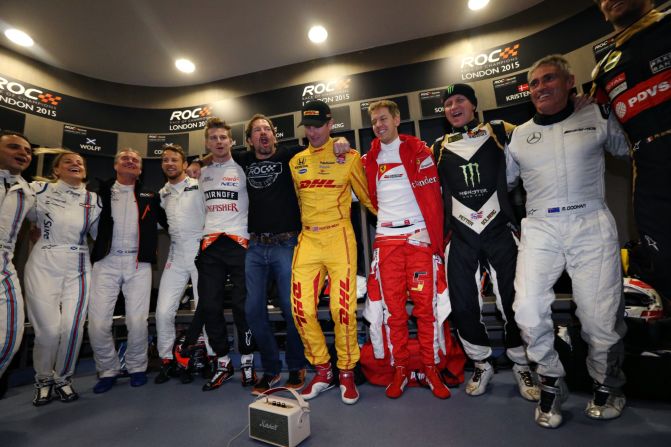The drivers - including Felipe Massa, Susie Wolff, David Coulthard, Jenson Button, Nico Hulkenberg and Sebastian Vettel - break out into a spot of impromptu dancing to Ricciardo's tunes.