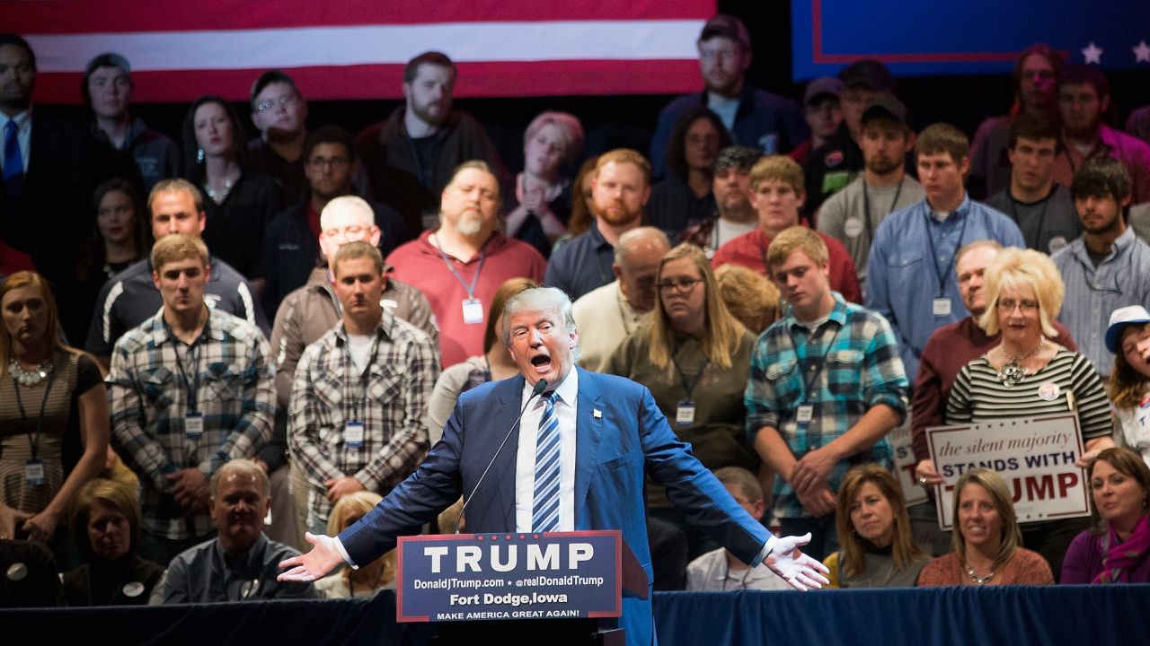 FORT DODGE, IA - NOVEMBER 12:  Republican presidential candidate Donald Trump speaks to guests during a campaign stop at Iowa Central Community College on November 12, 2015 in Fort Dodge, Iowa. The stop comes on the heals of Tuesday's eight-candidate Republican debate in Milwaukee where a national poll of viewers declared Trump the winner.  (Photo by Scott Olson/Getty Images)