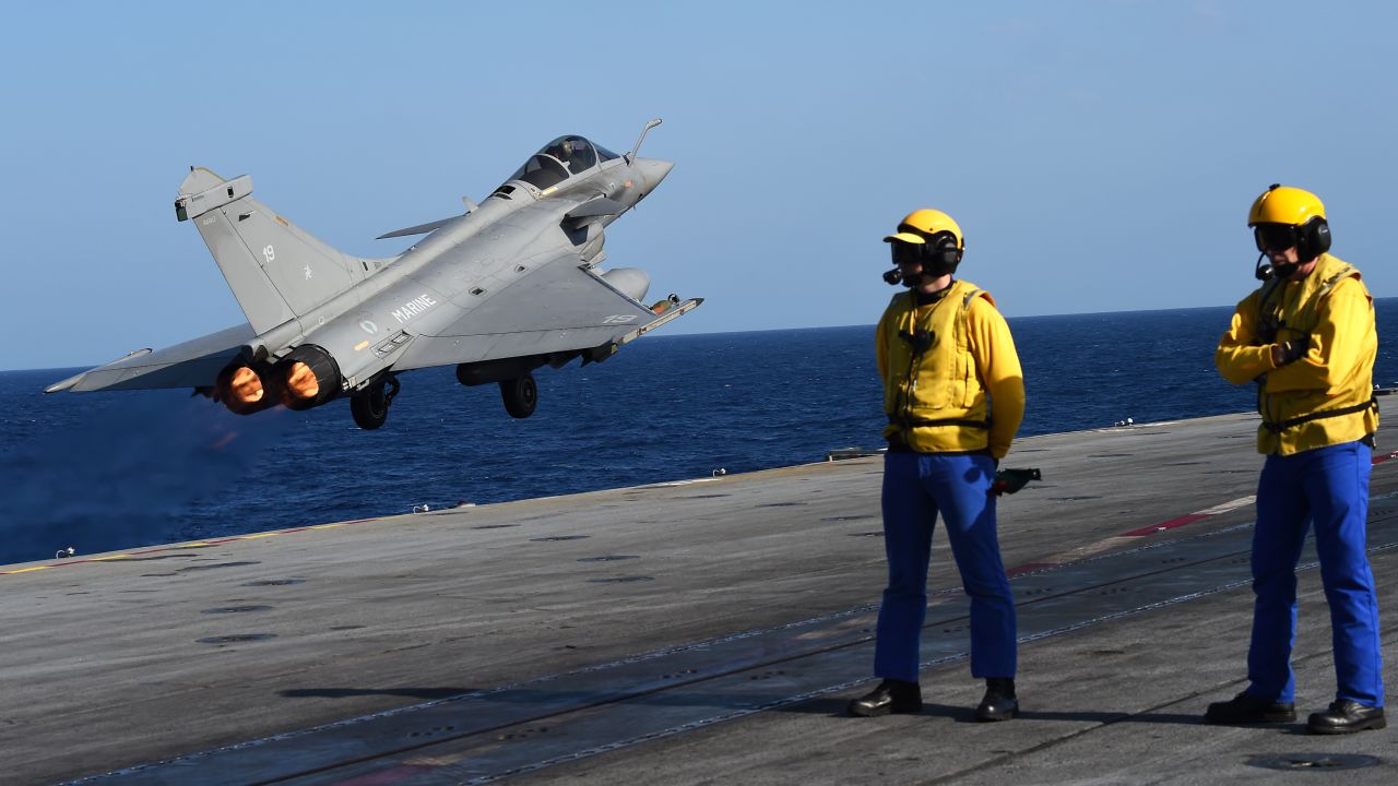 A French fighter jet takes off from the carrier Charles de Gaulle on Monday.