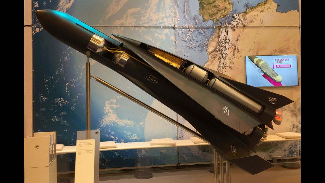 This model shows what the two-stage SpaceLiner would look like before take-off. The concept is the result of 10 years of research, and the team estimate that the jet could reach speeds of Mach 25 -- that's 25 times the speed of sound. 