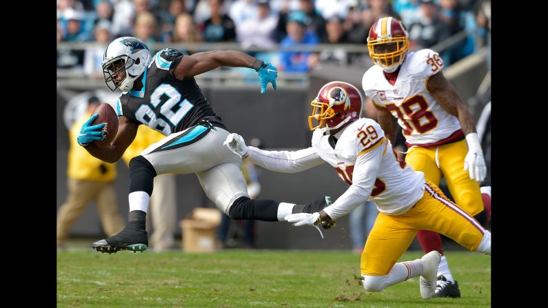 Carolina wide receiver Jerricho Cotchery makes a catch against Washington during an NFL game in Charlotte, North Carolina, on Sunday, November 22.