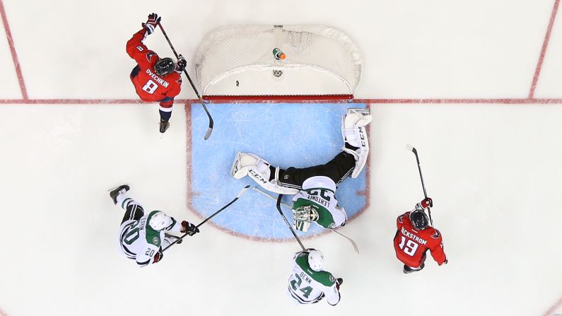 Capitals forward Alexander Ovechkin, top left, scores a goal against Dallas during an NHL game in Washington on Thursday, November 19. It was the 484th goal of his career -- the most for a Russian-born player in the NHL.