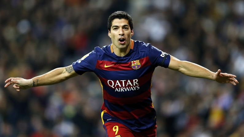 Luis Suarez celebrates after scoring the fourth goal for Barcelona during its 4-0 thrashing of rival Real Madrid on Saturday, November 21. 