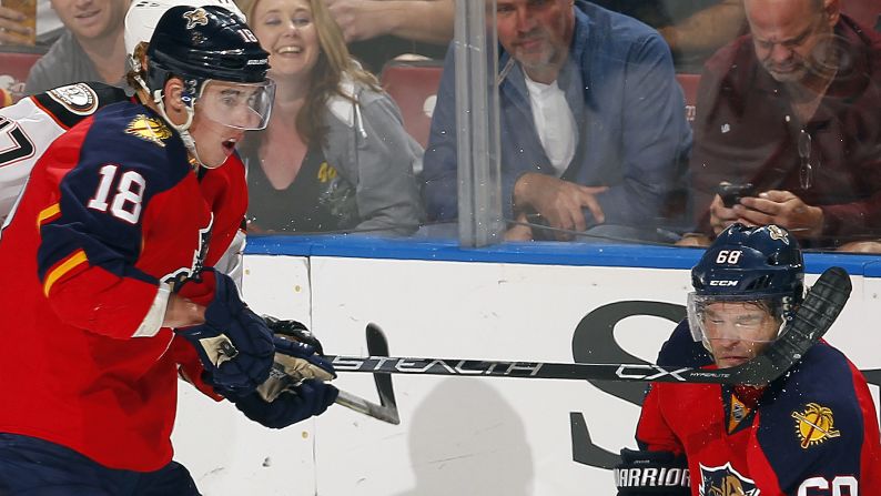 Jaromir Jagr gets accidentally whacked in the face by Florida teammate Reilly Smith during an NHL game in Sunrise, Florida, on Thursday, November 19.