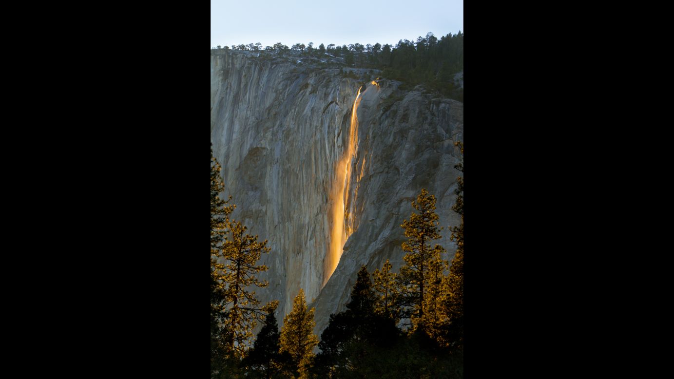 In mid- to late February, Yosemite National Park's <a href="http://www.nps.gov/yose/planyourvisit/waterfalls.htm" target="_blank" target="_blank">Horsetail Fall </a>appears to be on fire, thanks to the sunset's reflection. The fall flows from about December to April, but the fiery effect is visible only when the sun hits it at a certain time of year. <br />