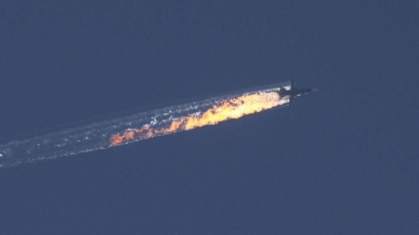 Russian warplane goes down in Syria's northwestern town of Bayirbucak, near the Turkish border, on November 24, 2015.