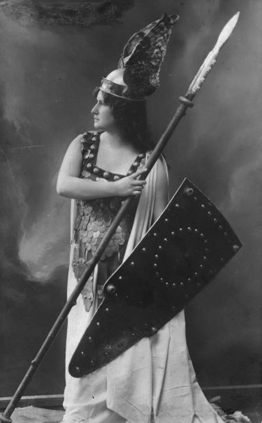 Soprano Zdenka Fassbender appears as warrior maiden Brunnhilde, in a production of Richard Wagner's opera "Die Walkure," around the turn of the 20th century.
