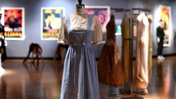 A Judy Garland-worn "Dorothy" dress from The Wizard of Oz is displayed during a press preview on November 19, 2015 in New York.