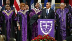 CHARLESTON, SC - JUNE 26:  U.S. President Barack Obama sings "Amazing Grace" as he delivers the eulogy for South Carolina state senator and Rev. Clementa Pinckney during Pinckney's funeral service June 26, 2015 in Charleston, South Carolina. Suspected shooter Dylann Roof, 21, is accused of killing nine people on June 17th during a prayer meeting in the church, which is one of the nation's oldest black churches in Charleston.  (Photo by Joe Raedle/Getty Images)