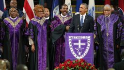 CHARLESTON, SC - JUNE 26: U.S. President Barack Obama sings "Amazing Grace" as he delivers the eulogy for South Carolina state senator and Rev. Clementa Pinckney during Pinckney's funeral service June 26, 2015 in Charleston, South Carolina. Suspected shooter Dylann Roof, 21, is accused of killing nine people on June 17th during a prayer meeting in the church, which is one of the nation's oldest black churches in Charleston. (Photo by Joe Raedle/Getty Images)