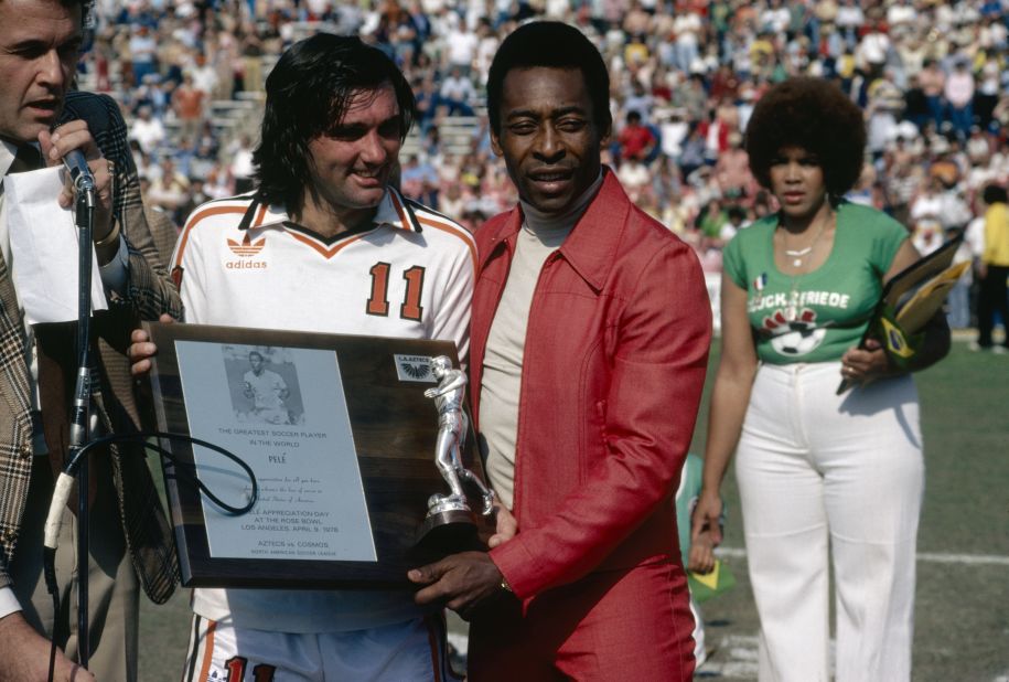 Best quit United at the tender age of 27 but continued to play for a number of clubs around the world, including three in the United States. Here he hands Pele an award at event to celebrate the Brazilian legend. Pele called Best "the greatest player in the world."