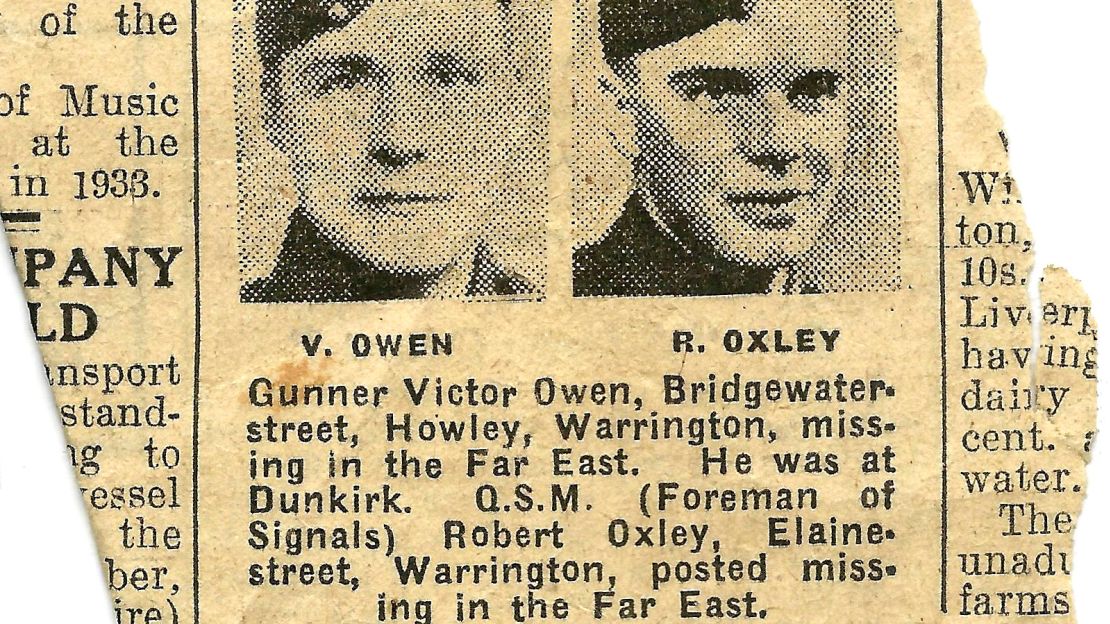 Missing in action: A newspaper clipping reports Oxley's capture.