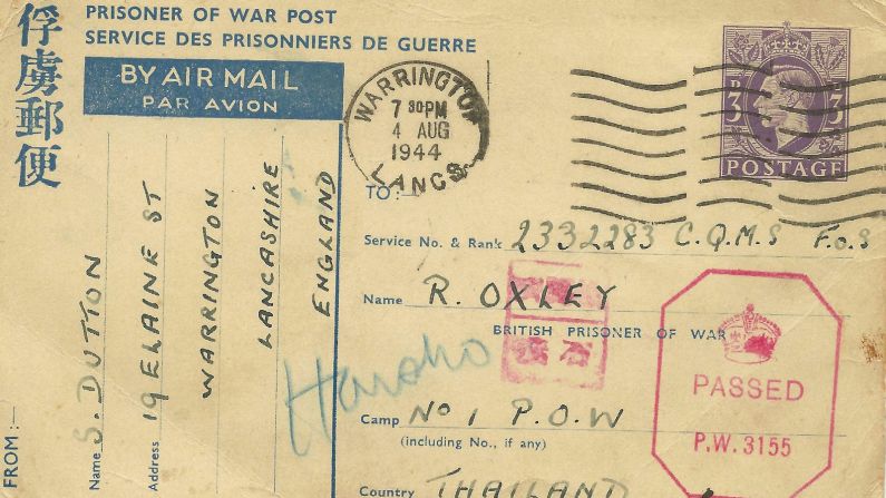 Oxley's exact movements during his time in captivity aren't known. This postcard from his family, sent via the Red Cross, lists him as being at No. 1 POW camp, Thailand.