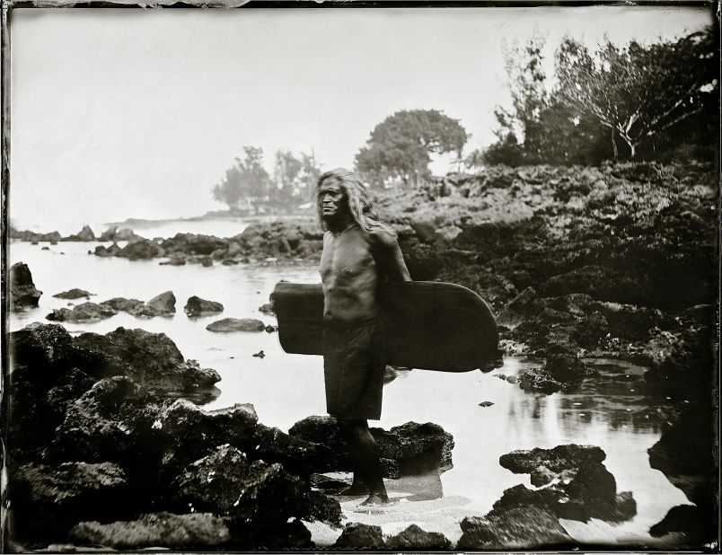 Testemale also recreated an iconic Hawaiian photo taken when Waikiki was still relatively undeveloped.<br />For his subject he chose Titus Nihi Kinimaka, a former big-wave competitor who regularly featured as an invitee in "the Eddie."<br />"One year he almost passed away, he dislocated his arm and he couldn't swim. They went in and saved him," the 57-year-old says.<br />"He's like a legend. And the way he looks with his long hair, face and native Hawaiian face, I wanted to use him for that photo. In his portrait he looks like an Indian chief, which is one of the major aims of this collection."