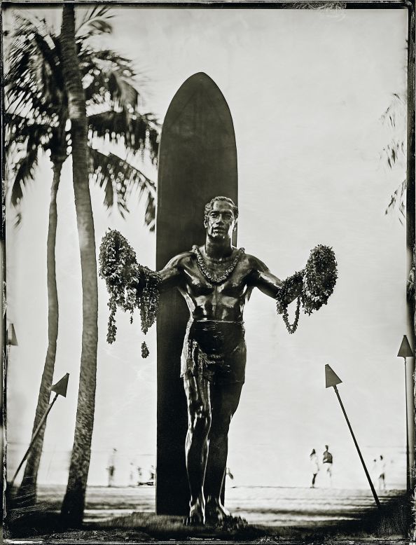 Sometimes Testemale took his laboratory to the subject -- such as when he photographed perhaps Hawaii's most iconic tourist attraction, the bronze statue of surfing pioneer and Olympic swimming champion Duke Kahanamoku (1890-1968).<br />On the back of his swimming success, Kahanamoku was able to promote surfing as he traveled the world -- there is also a statue of him in Australia. <br />"In Hawaii, the Duke statue is like the Eiffel Tower for France," says Testemale. "Four million people come every year to take a photo in front of it. That was a mission for me to get the picture." 