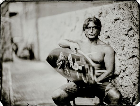 The Frenchman has put together a <a  target="_blank" target="_blank">stunning exhibition of photos for the annual Eddie Aikau memorial surfing event</a> in Hawaii, using collodion wet plate techniques from the 19th century. <br />This image is of Ross Clarke-Jones, who became the first non-Hawaiian victor in the 2000-01 staging. <br />"He's from Australia and he has such a strong face," says Testemale.  Clarke-Jones' distinctive features are partly due to his great grandmother, who was from the Dayak headhunter tribe in Borneo. <br />"I photograph people simply, naturally. I have them face me and be themselves," Testemale says. 
