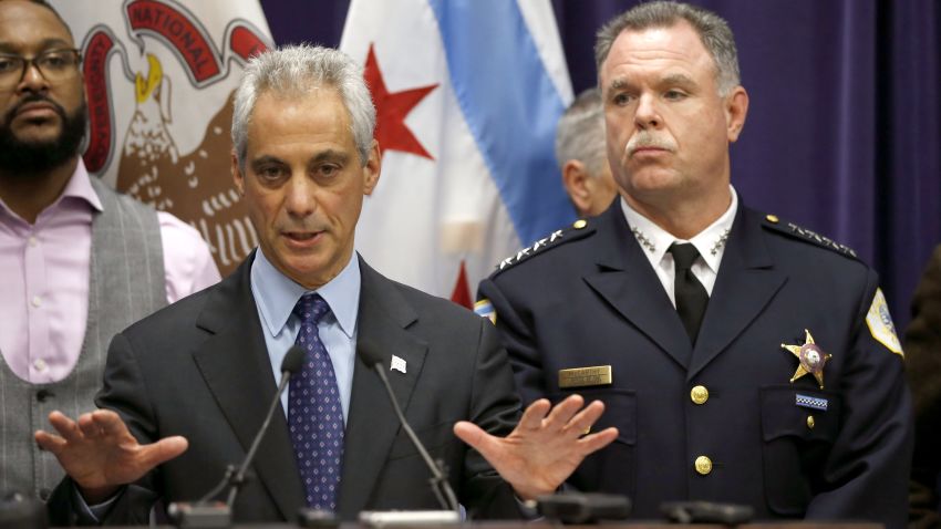 Chicago Mayor Rahm Emanuel, left, and Police Superintendent Garry McCarthy appear at a news conference, Tuesday, Nov. 24, 2015, in Chicago, announcing first-degree murder charges against police officer Jason Van Dyke in the Oct. 24, death of 17-year-old Laquan McDonald. The city then released the dash-cam video of the shooting to media outlets after the news conference. (AP Photo/Charles Rex Arbogast)