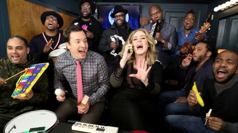 Adele jams her hit "Hello" with host Jimmy Fallon and The Roots on "The Tonight Show."