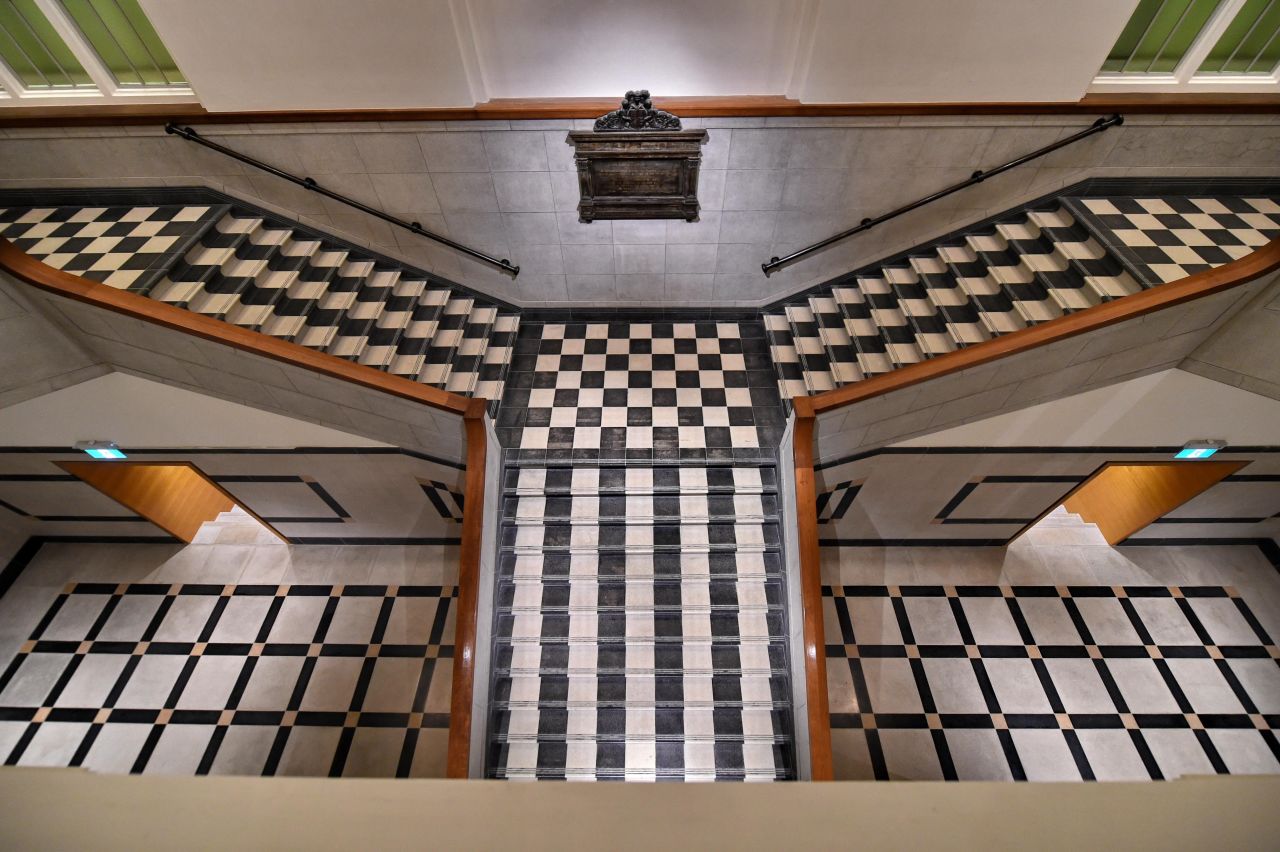 The geometric lines of a staircase inside the newly restored Southeast Asian art museum.