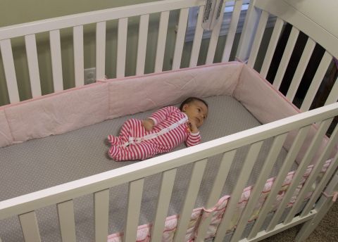 The American Academy of Pediatrics Safe to Sleep Campaign suggests that <a href="http://www.cnn.com/2015/12/01/health/crib-bumper-deaths-rise/">no soft bedding -- including bumpers -- be used in cribs</a>. <br />They pose a risk of suffocation, strangulation or entrapment. Mattresses should be very firm, and no toys or pillows should be used. Cribs with drop rails also should not be used. The American Academy of Pediatrics offers more guidance on how to choose a safe crib.<br />