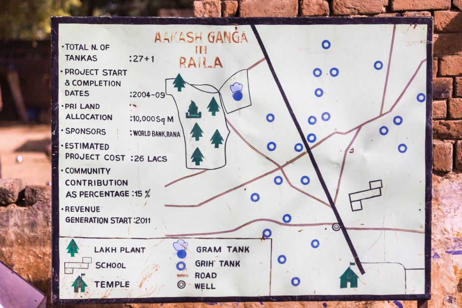 Aakash Ganga is a network of rooftops, gutters, pipes and underground reservoirs that collect and store the monsoon rains. Now the system provides clean, safe drinking water to six villages -- 10,000 people -- all year long. Pictured here, a sign shows one village's layout of household and community tanks.