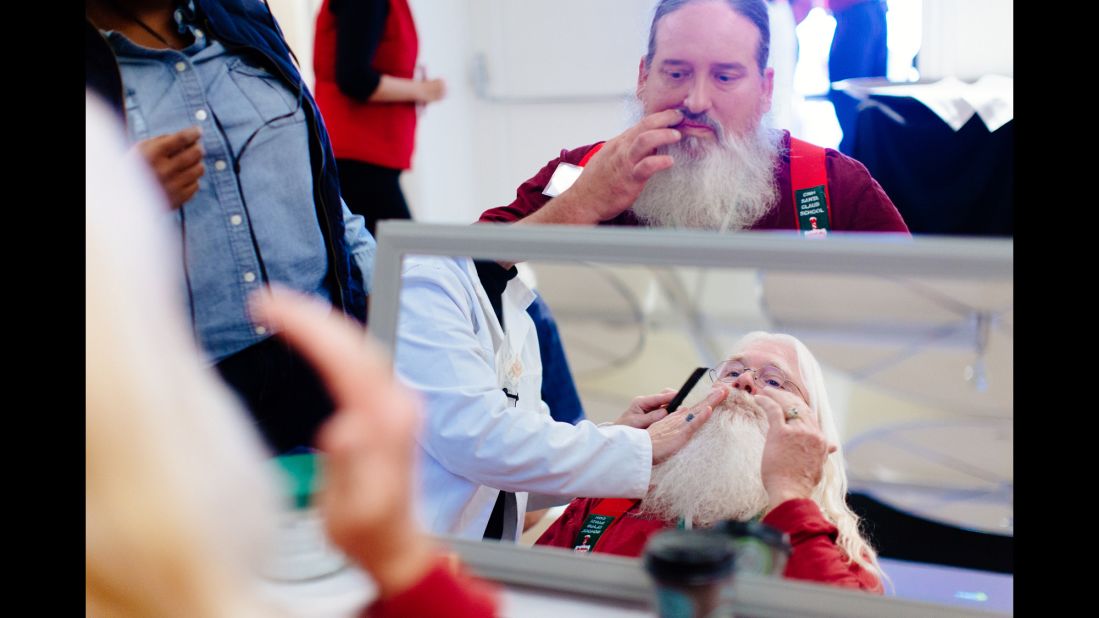 The Santas get a lesson on how to properly care for their beards, including rubbing peppermint oil in it to add a comforting smell. Those who don't have a natural beard can be fitted for an artificial wig and/or beard that costs between $1,100 and $1,800. 