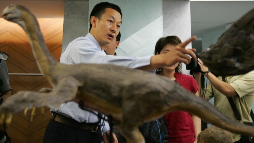 Beijing, CHINA: Dinosaur hunter Xing Xu (L) briefs the media on the fossilized bones of a gigantic theropod dinosaur, Gigantorraptor Erlianensis, on display for the media in Beijing, 13 June 2007, after the remains of a gigantic, surprisingly bird-like dinosaur was uncovered in Inner Mongolia, China. The animal, which lived in the Late Cretaceous period (about 70-million years ago), is thought to have had a body mass of about 1,400-kilograms, which is surprising as most theories suggest that carnivorous dinosaurs got smaller as they got more bird-like. The dinosaur, which is described in this week's issue of the the magazine Nature, has been classed as a new species and genus. Animal on display is a miniature model. AFP PHOTO/ Frederic J. BROWN (Photo credit should read FREDERIC J. BROWN/AFP/Getty Images)