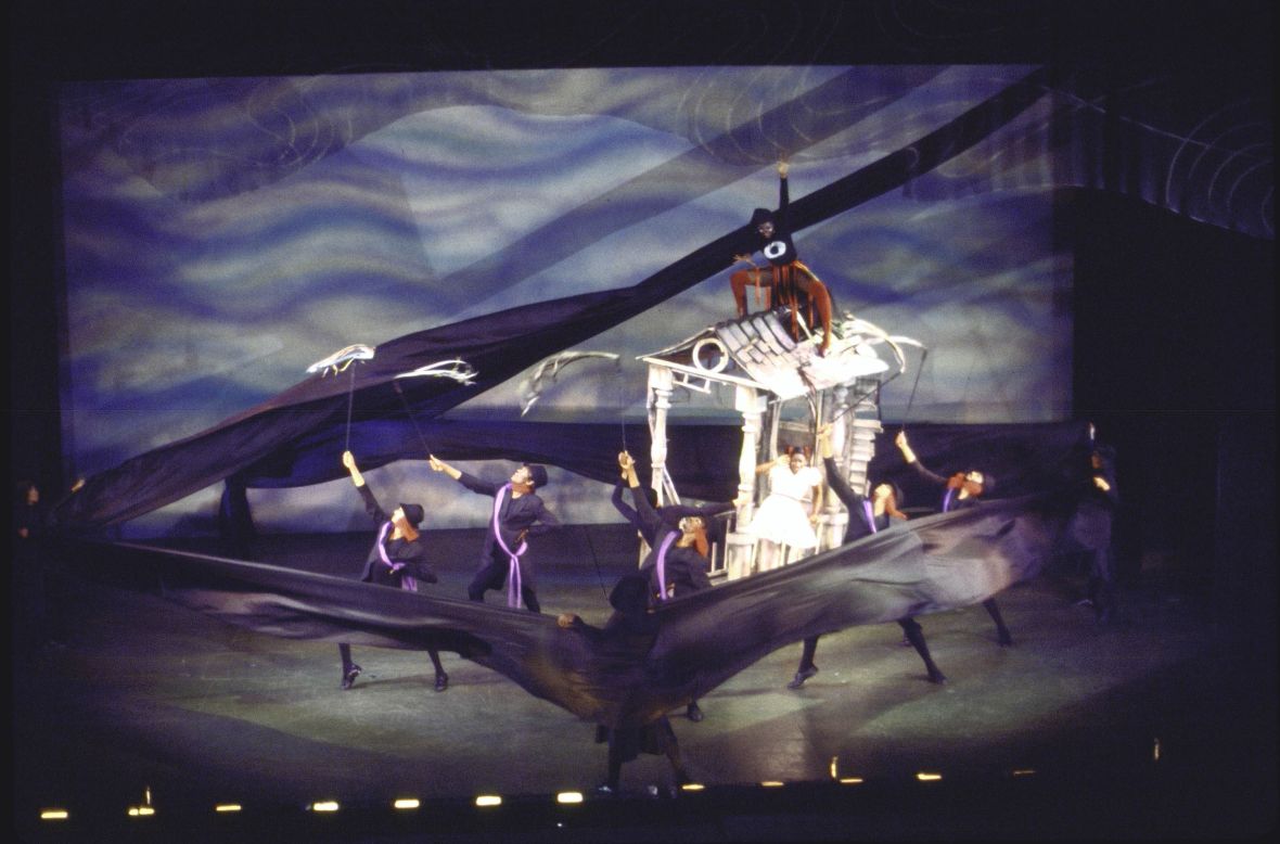 The famous tornado scene is acted out on stage.