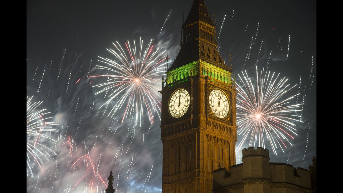 <strong>January 1:</strong> New Year's fireworks explode over Big Ben in London.