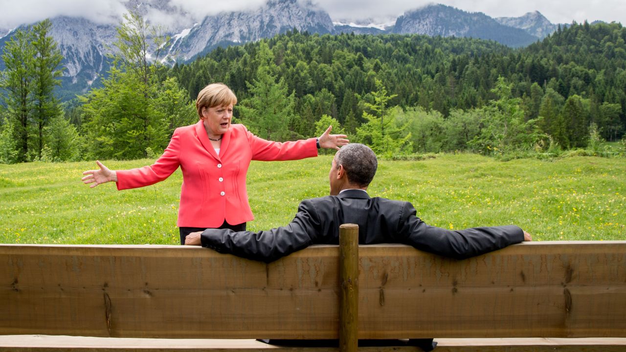 <strong>June 8:</strong> German Chancellor Angela Merkel talks with U.S. President Barack Obama <a href="http://www.cnn.com/2015/06/08/politics/barack-obama-angela-merkel-photo-germany-mountains/" target="_blank">near the Bavarian Alps.</a> Obama and other world leaders were in Germany for the annual G-7 Summit.