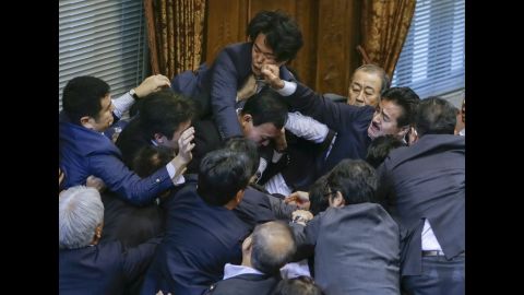 <strong>September 17:</strong> <a href="http://www.cnn.com/videos/world/2015/09/17/japan-parliament-scuffle-over-bill.cnn" target="_blank">A fight breaks out</a> between Japanese lawmakers in Tokyo as they prepare to vote over controversial security legislation that would allow Japanese troops to be deployed overseas.