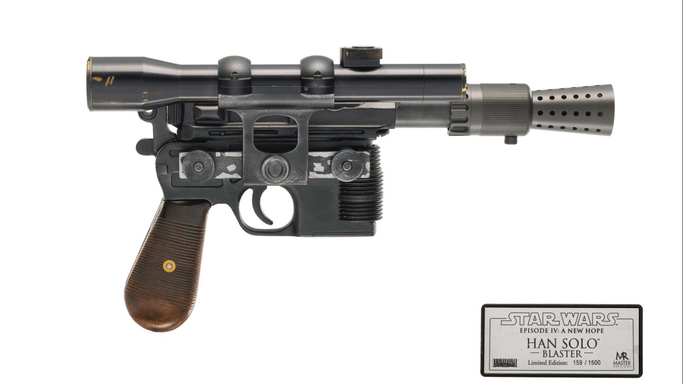 This replica of Han's blaster is probably in far better condition that the original prop created by Roger Christian. The set decorator and prop designer crafted Solo's weapon from a Mauser, attaching various nozzles and scopes to the pistol. But on a shoestring budget, many of the props were only secured with superglue.