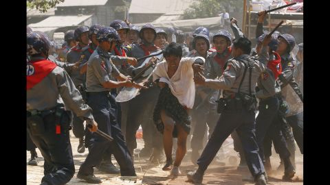 <strong>March 10:</strong> Police hit a student protester in Letpadan, Myanmar. According to multiple media reports and international watch groups, <a href="http://www.cnn.com/2015/03/10/world/myanmar-student-protest-crackdown/index.html" target="_blank">students were met with violence</a> as they marched to Yangon, the nation's largest city, to protest an education bill they said limits academic freedom.