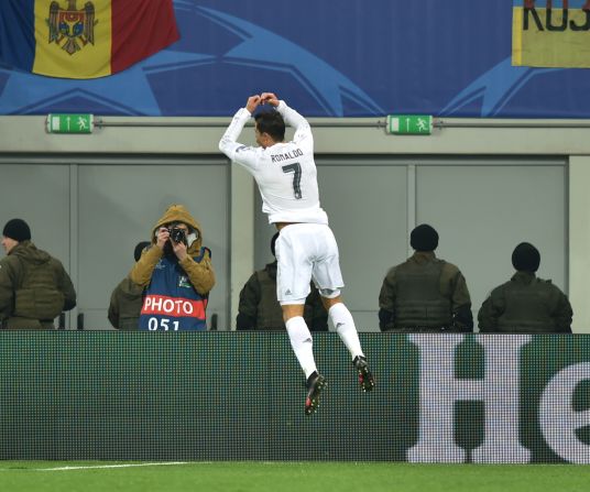 Portuguese forward Cristiano Ronaldo celebrates one of his two goals in Real Madrid's ultimately-nervy 4-3 win Shakhtar Donetsk. 