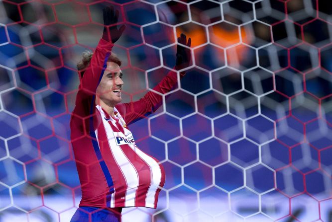  Antoine Griezmann celebrates his second strike as the Frenchman's two goals ensured Atletico beat Turkey's Galatasaray 2-0. 
