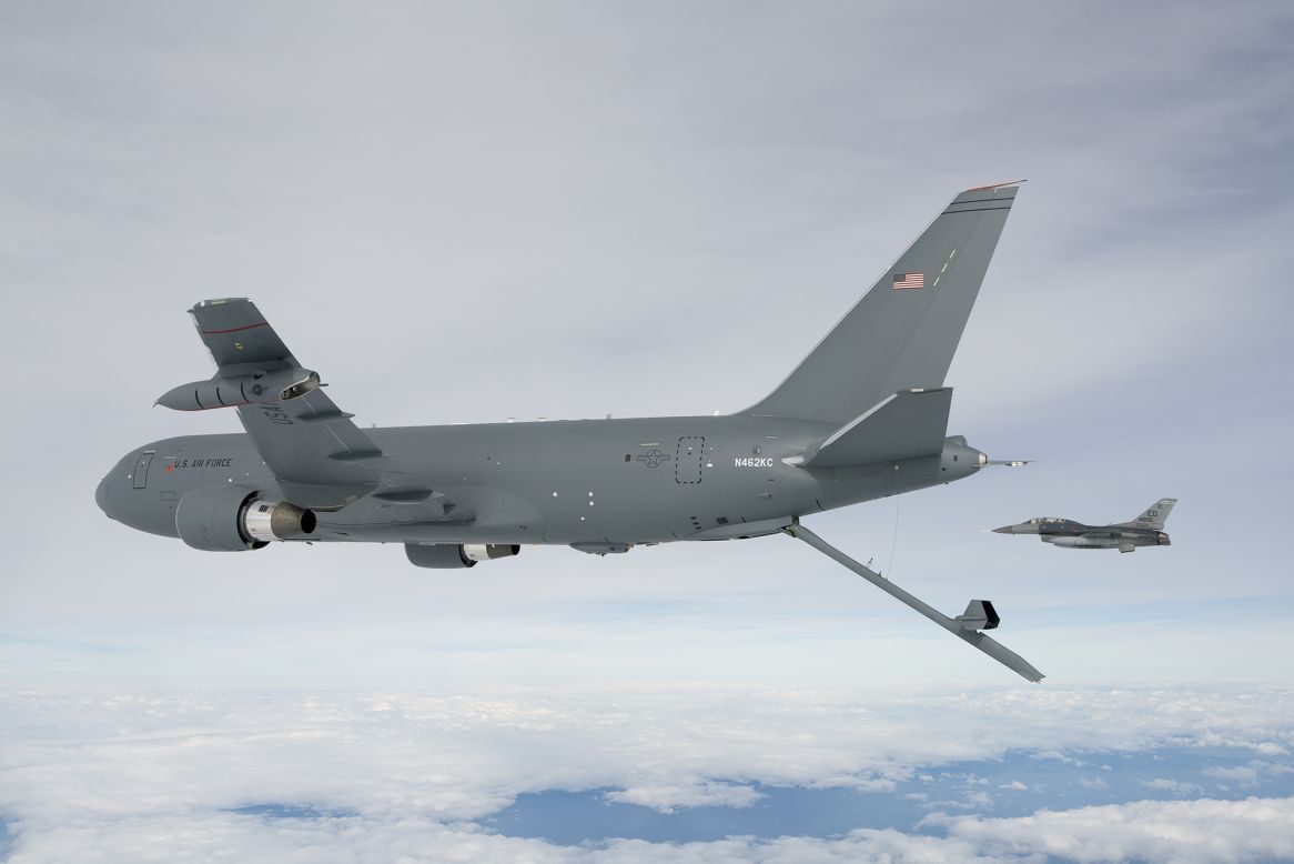 The U.S. military is developing the Boeing KC-46 refueling tanker to replace the aging KC-135 fleet now in use. <br /> <br />The KC-46A Pegasus is designed to carry passengers, cargo and injured military personal and can "detect, avoid, defeat and survive threats using multiple layers of protection, which will enable it to operate safely in medium-threat environments," according to Boeing.<br /> <br />The new KC-46A completed a successful first flight in September 2015, but the program has been criticized for schedule delays and cost overruns since the contract was awarded in 2011.<br /> <br />Boeing plans to build 179 KC-46 aircraft for the U.S. Air Force.<br /> <br />Amid criticism over schedule delays and cost overruns, several lawmakers have pledged to keep the program on track to deliver the planned amount of planes.<br /><br />Above, the Pegasus tanker deploys its centerline boom for the first time, on October 9, 2015. The boom is the fastest way to refuel aircraft, at 1,200 gallons per minute.