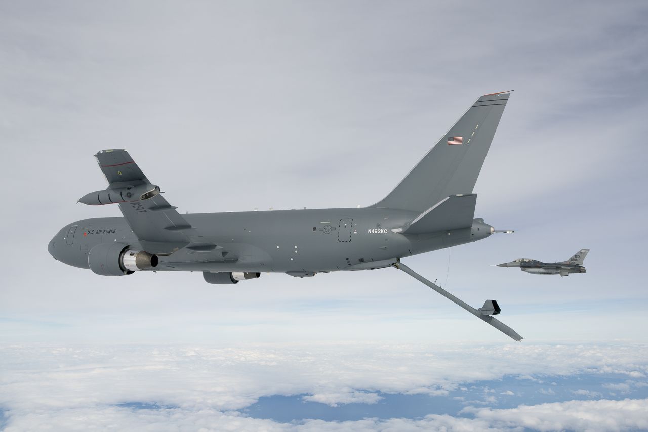 The U.S. military is developing the Boeing KC-46 refueling tanker to replace the aging KC-135 fleet now in use. <br /> <br />The KC-46A Pegasus is designed to carry passengers, cargo and injured military personal and can "detect, avoid, defeat and survive threats using multiple layers of protection, which will enable it to operate safely in medium-threat environments," according to Boeing.<br /> <br />The new KC-46A completed a successful first flight in September 2015, but the program has been criticized for schedule delays and cost overruns since the contract was awarded in 2011.<br /> <br />Boeing plans to build 179 KC-46 aircraft for the U.S. Air Force.<br /> <br />Amid criticism over schedule delays and cost overruns, several lawmakers have pledged to keep the program on track to deliver the planned amount of planes.<br /><br />Above, the Pegasus tanker deploys its centerline boom for the first time, on October 9, 2015. The boom is the fastest way to refuel aircraft, at 1,200 gallons per minute.