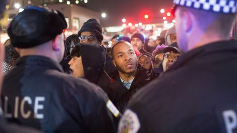 Demonstrators confront police during a protest in November 2015 over Laquan McDonald's death.