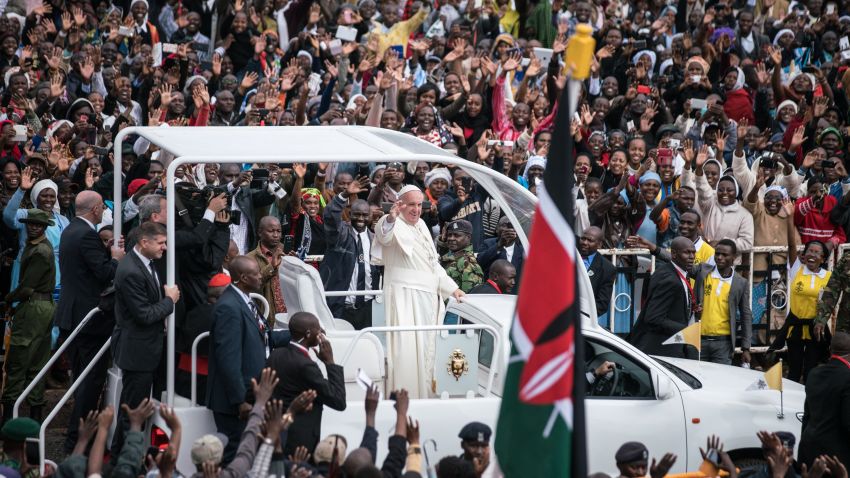 NAIROBI, KENYA - NOVEMBER 26:  Pope Francis arrives at the University of Nairobi for a public mass in downtown Nairobi on November 26, 2015, in Nairobi, Kenya. Pope Francis makes his first visit to Kenya on a five day African tour that is scheduled to include Uganda and the Central African Republic. Africa is recognised as being crucial to the future of the Catholic Church with the continent's Catholic numbers growing faster than anywhere else in the world.  (Photo by Nichole Sobecki/Getty Images) *** BESTPIX ***