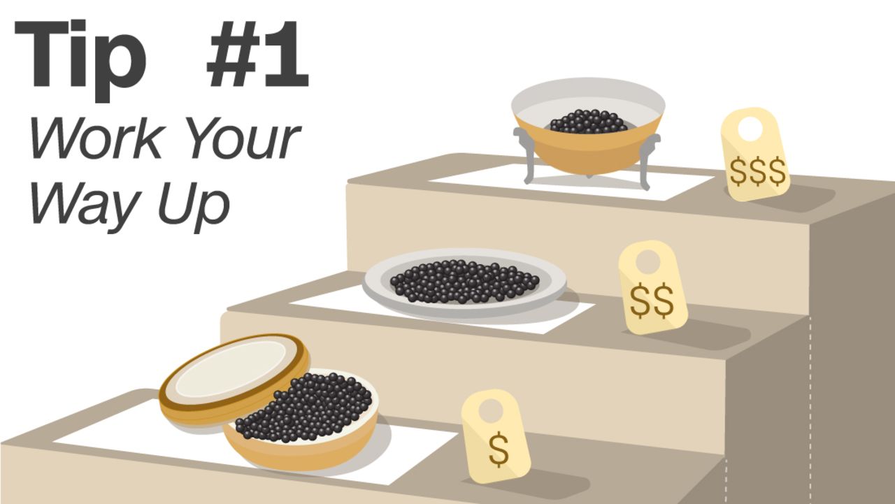 Caviar concierge Alexandre Petrossian advises first-time buyers to educate their palates and not head straight for the expensive stuff. For example, tranmontanus caviar from California costs about $50 for one serving. After trying this "Mercedes of caviar," you can proceed to "the Rolls-Royce and the Maybach."