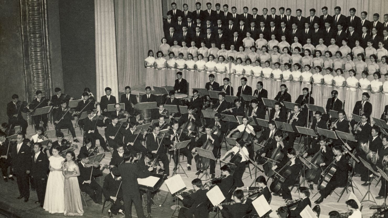 Li Delun leads the Chinese National Symphony Orchestra in their first performance of Beethoven's Ninth Symphony in 1959, ten years after Mao Zedong took power