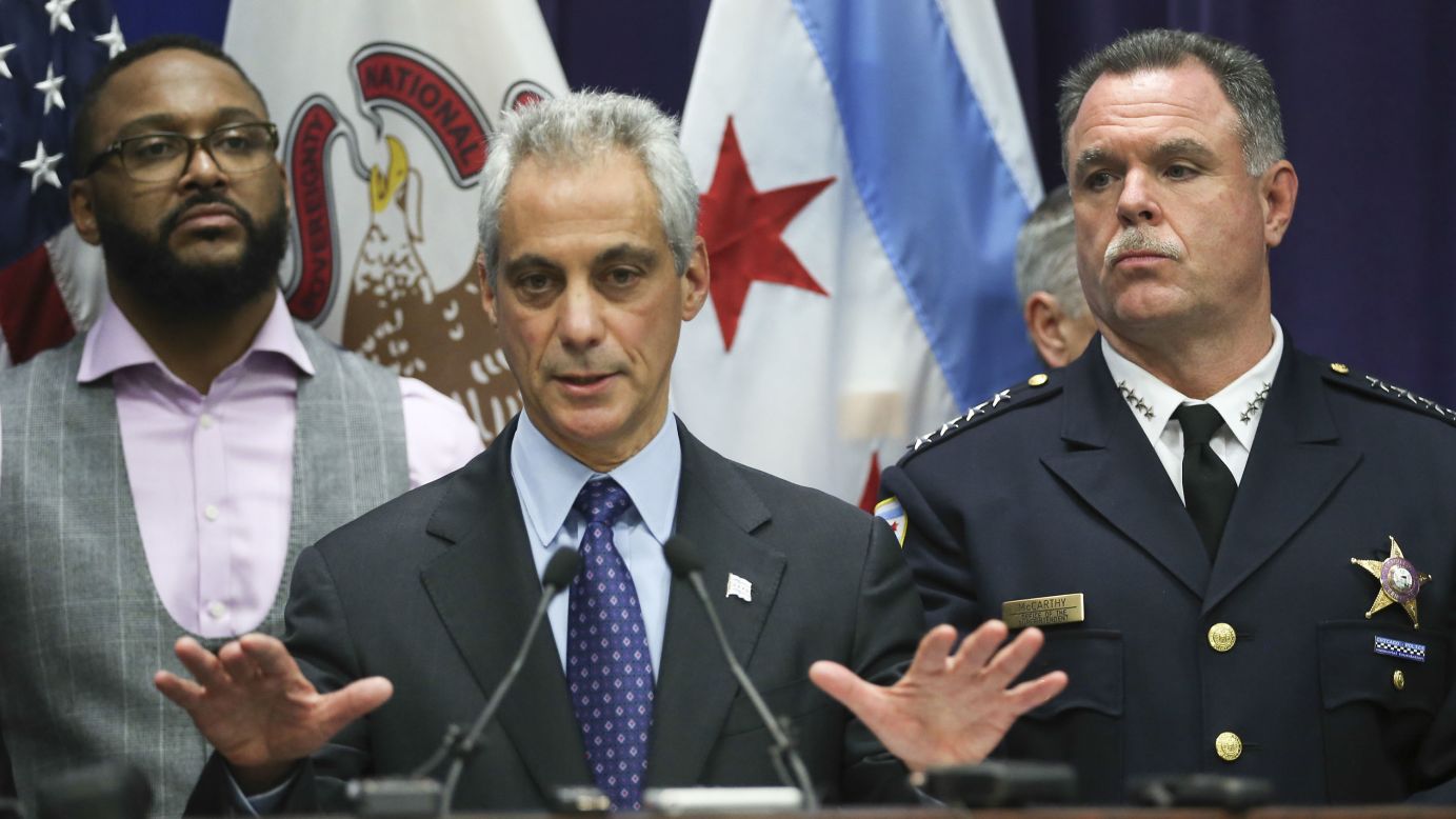 Chicago Mayor Rahm Emanuel called for peace Tuesday, November 24, after police <a href="http://www.cnn.com/2015/11/24/us/laquan-mcdonald-chicago-shooting-video/" target="_blank">released a graphic dashcam video</a> showing an officer shooting 17-year-old Laquan McDonald in October 2014. McDonald was a black teenager. The officer who shot him, Jason Van Dyke, is white. "I believe this is a moment that can build bridges of understanding rather than become a barrier of misunderstanding," Emanuel said. "I understand that the people will be upset and will want to protest when they see this video. We as a city must rise to this moment."