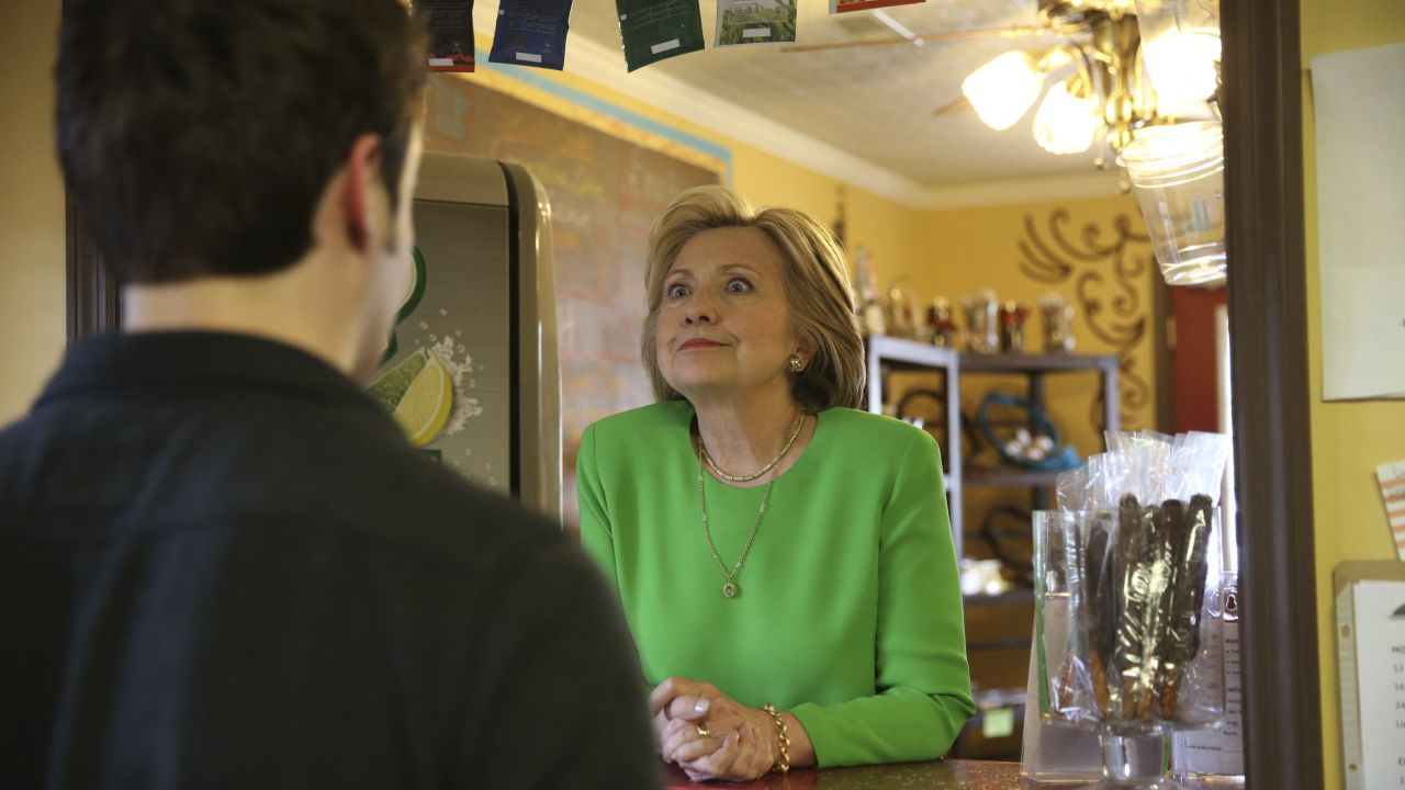 <strong>April 14:</strong> Democratic presidential candidate Hillary Clinton talks with people during a surprise stop in Le Claire, Iowa. The former first lady and U.S. secretary of state has been the front-runner in the Democratic race.